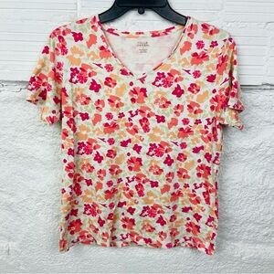 Falls Creek Floral Short Sleeve V neck Top - Red and Orange size large